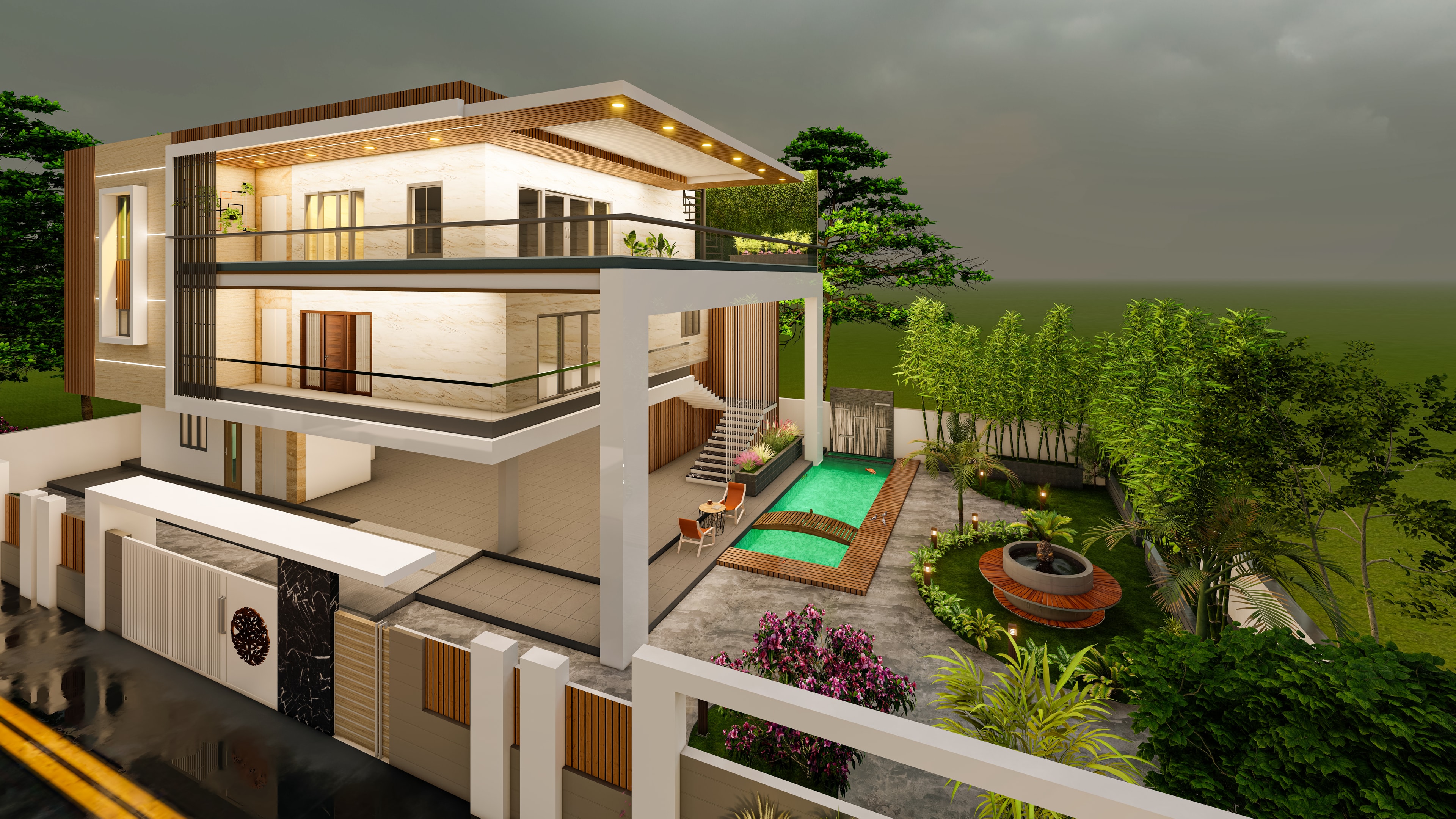 3D rendering of luxury villa with pool and garden at night