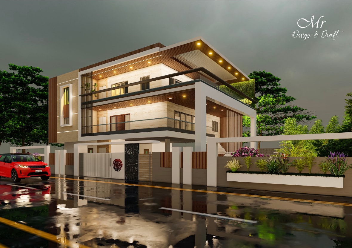 3D rendering of contemporary villa side view